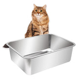 Kichwit extra-large open litter box in stainless steel for durability and easy cleaning.