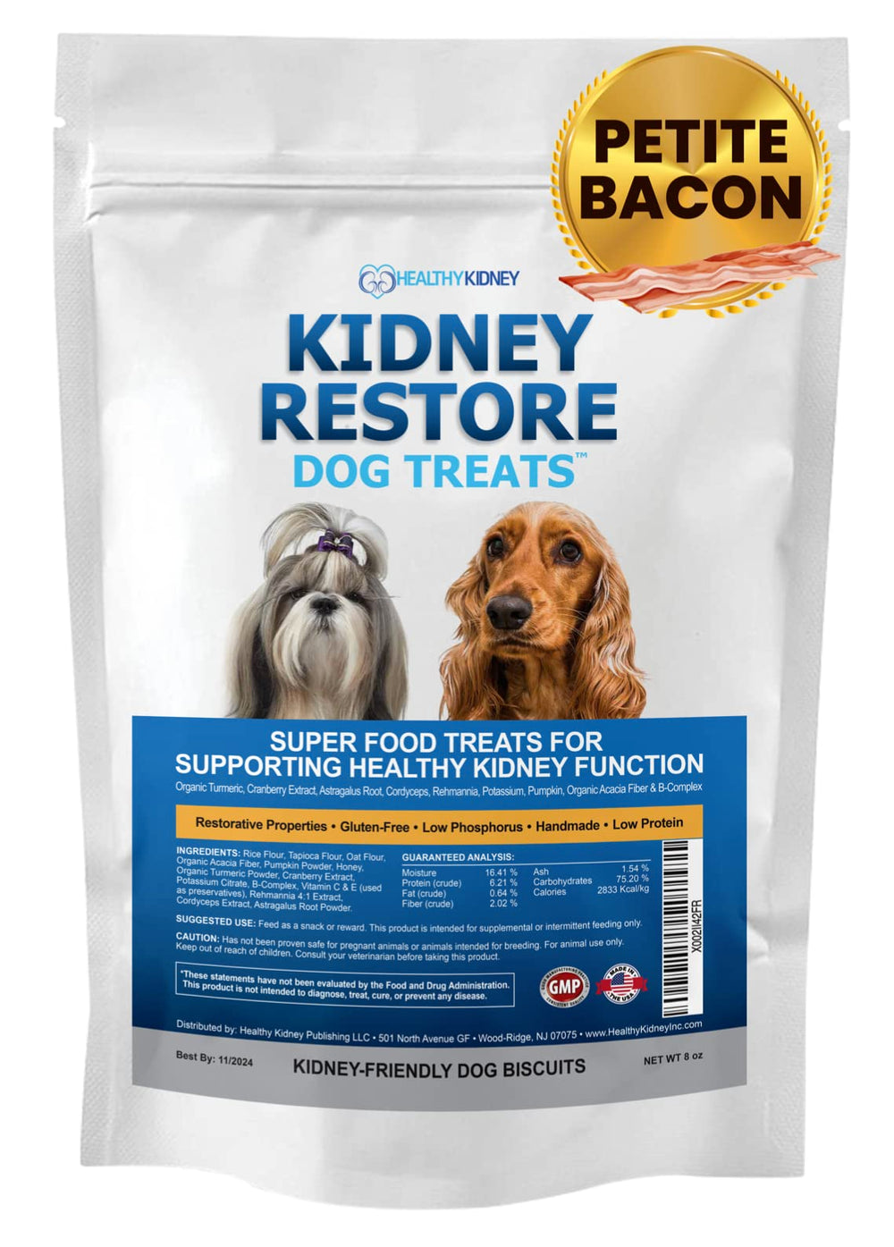 Kidney Restore bacon dog treats bag promoting low-protein kidney support for small dogs