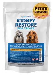 Kidney Restore bacon dog treats bag promoting low-protein kidney support for small dogs
