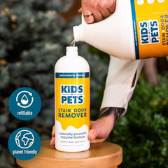 KIDS 'N' PETS stain remover on sofa illustrates safe upholstery cleaning.