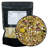KikiBirds Feather Shine bottle pour for a bee pollen and sprouts blend aiding molting support.