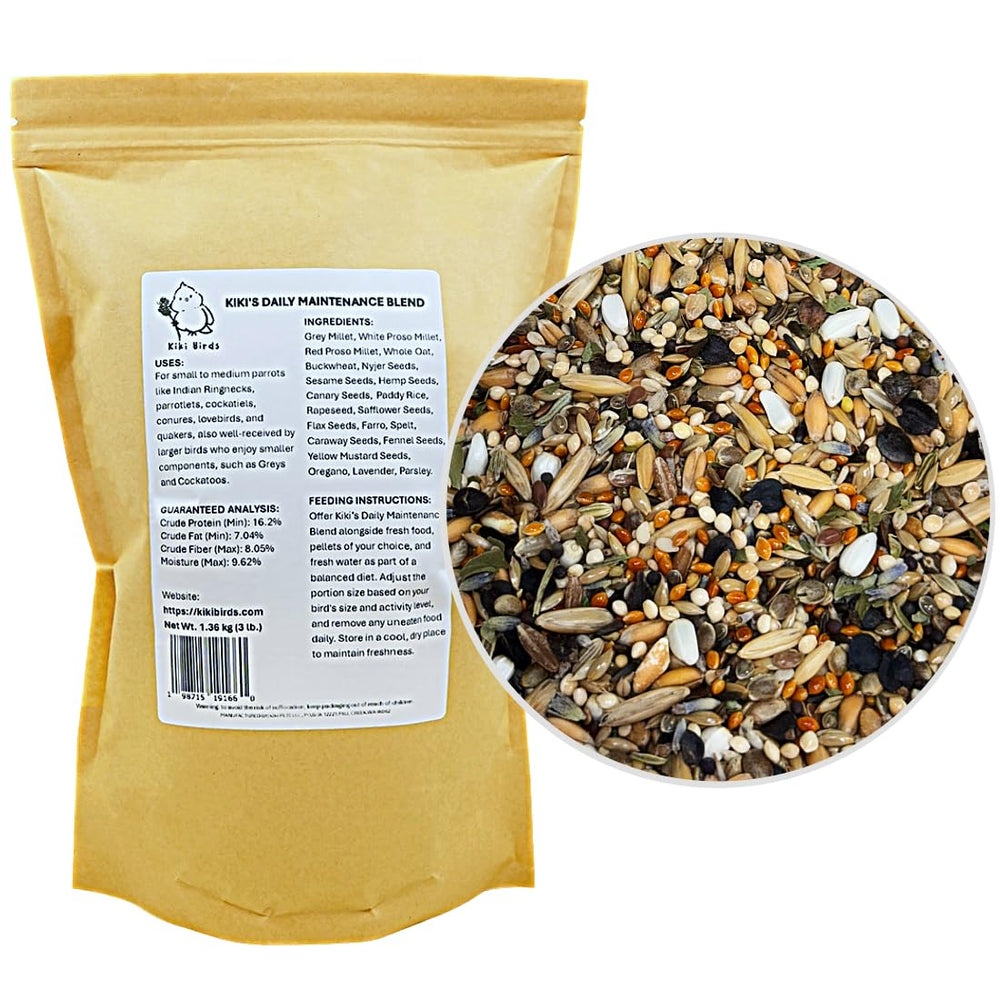 KikiBirds Premium Parrot Food bag open shows a protein-rich blend for daily feeding