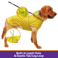 Kimee dog raincoat features leash hole and elastic loops for secure walking