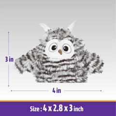 Kimee catnip-infused owl cover excites play and reduces stress.