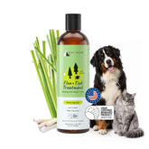 Kin+Kind Cat & Dog Shampoo bottle front highlights plant powered flea prevention.