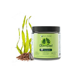 kin-kind Skin and Coat supplement bottle front promotes healthy skin and a glossy coat.