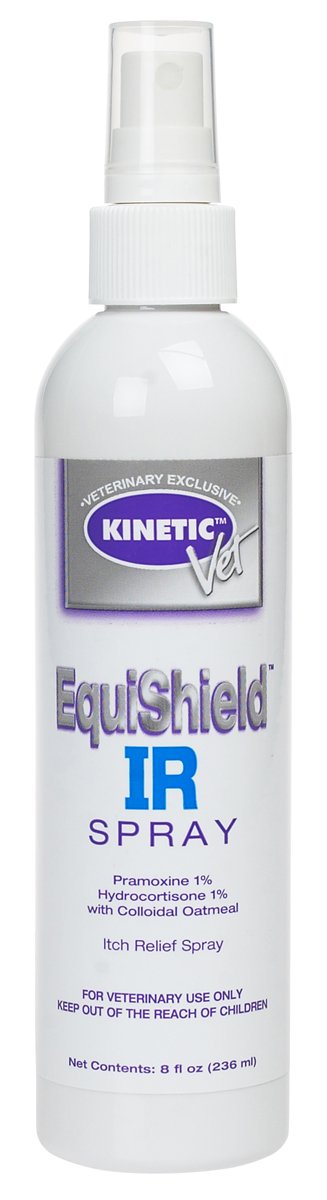 Kinetic Equishield IR Spray 8oz bottle close-up, alcohol-free soothing solution for itchy pet skin.