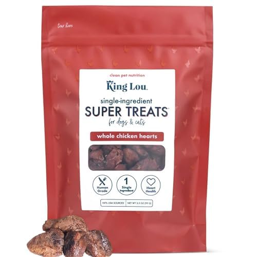 King Lou Pets freeze-dried chicken hearts pack for dogs and cats, ideal rewards.