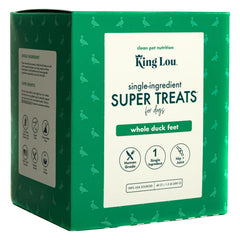 King Lou Pets whole duck feet dog treat front-pack displays single-ingredient goodness.