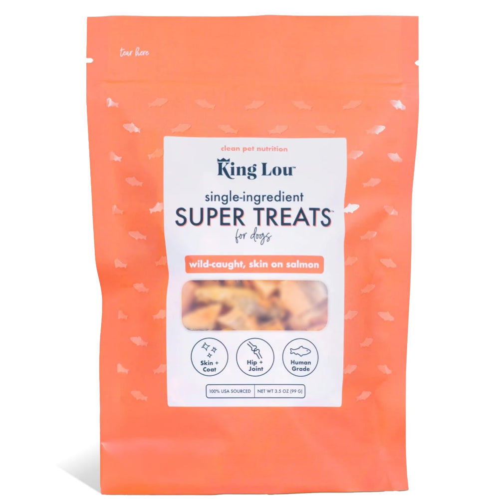 King Lou Pets Wild Salmon Bites packaging view showing USA-made single-ingredient salmon