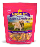 Kingdom Pets chicken jerky sweet potato twists in a 48oz bag for training rewards.