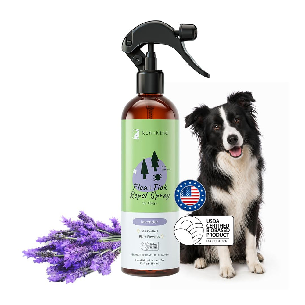 kin+kind flea and tick spray for dogs bottle ready for outdoor use to repel pests