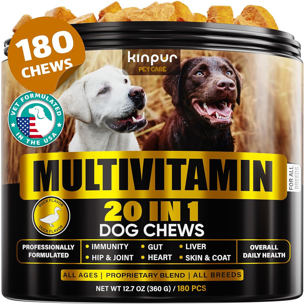 Kinpur Dog Multivitamin Chews packaging highlights daily health benefits.