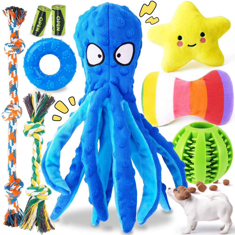 KIPRITII nine-pack octopus squeaky toy sparks curious play for small dogs.