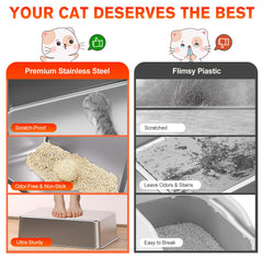KitCaty stainless steel litter box with high walls prevents splashes and litter mess.
