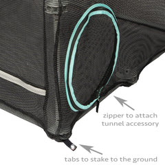 Kitty City cover with ground-stake tabs stabilizes the catio for outdoor use.