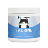 Kitty Supps Taurine powder jar shown on kitchen counter for daily energy support.