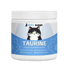 Kitty Supps Taurine powder jar shown on kitchen counter for daily energy support.