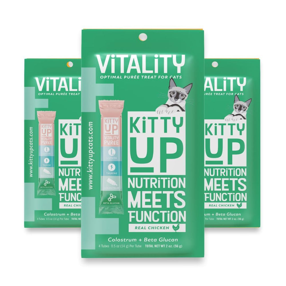 Kitty Up Vitality Chicken Puree Tube closeup showing real chicken texture for cats