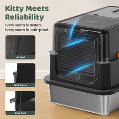 KittyLetto stainless litter box semi-low setup offers easy access for relaxed cats.