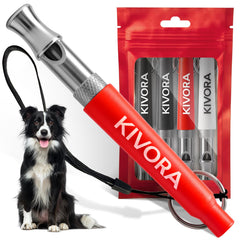 KIVORA four-pack dog whistle in red for versatile training at home and outdoors.
