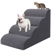 KIWIWOOF 4-step grey stairs, front view, aiding small dogs to reach the bed