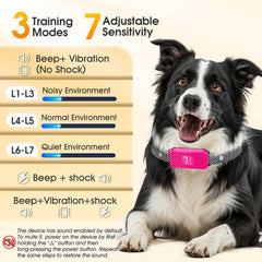 KJKZO peach pink bark collar close-up showing 7 sensitivity levels.