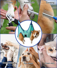 Kkiimatt grooming hammock carabiners and tools for grooming sessions.