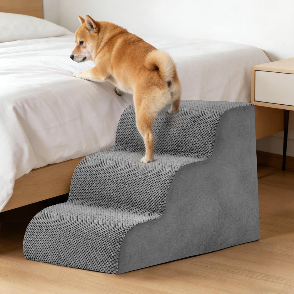 KMFurnila 3-Step Dog Stairs beside bed edge for easy access.
