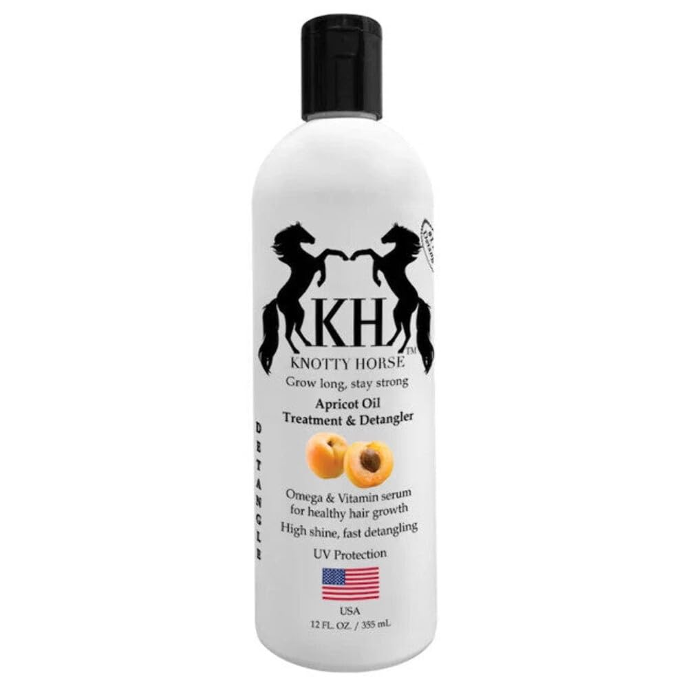 Knotty Horse Apricot Oil Detangler bottle pour showing easy detangling and conditioning.
