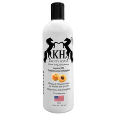 Knotty Horse Apricot Oil Detangler bottle pour showing easy detangling and conditioning.