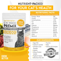 Know Better wellness premix shown as a complete feline nutrition formula.