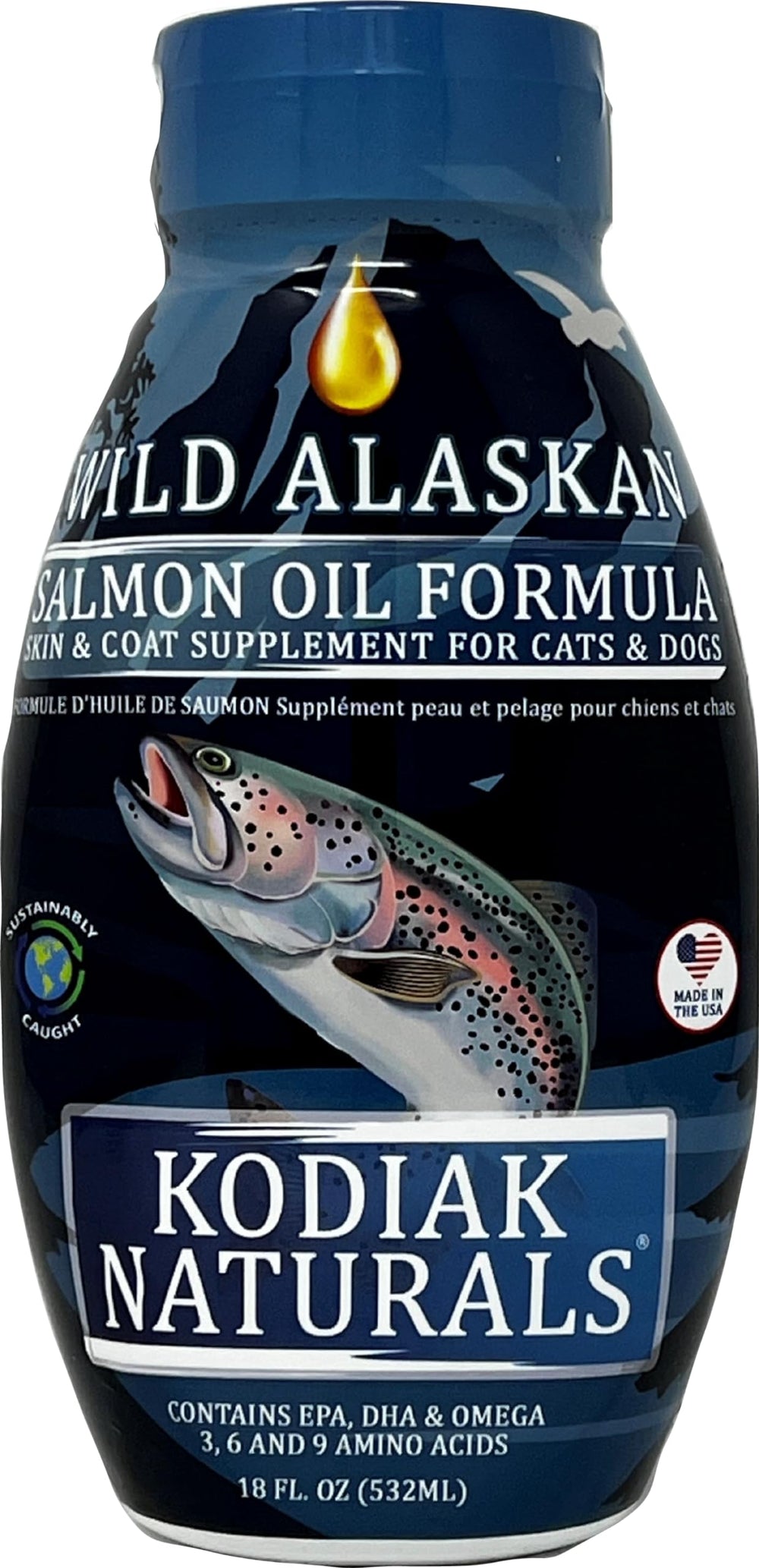 Kodiak Naturals salmon oil bottle pour for mess free dosing at meals