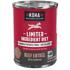 KOHA beef entrée wet dog food pack 12 cans, grain-free protein option.