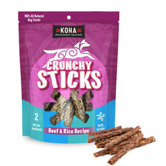 KOHA Crunchy Sticks close-up of beef and white rice ingredients for sensitive stomach support