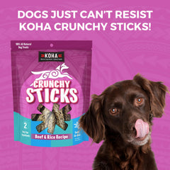 KOHA Crunchy Sticks dog enjoying treat, tasty beef flavor and digestible rice