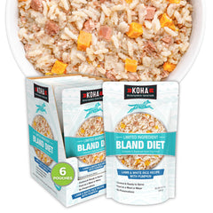 KOHA Pet Bland Diet lamb and white rice wet food pack, easy-to-digest option.