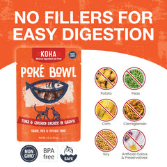 KOHA Poke9 Bowl package front highlights BPA-free pouch and dolphin-safe commitment.