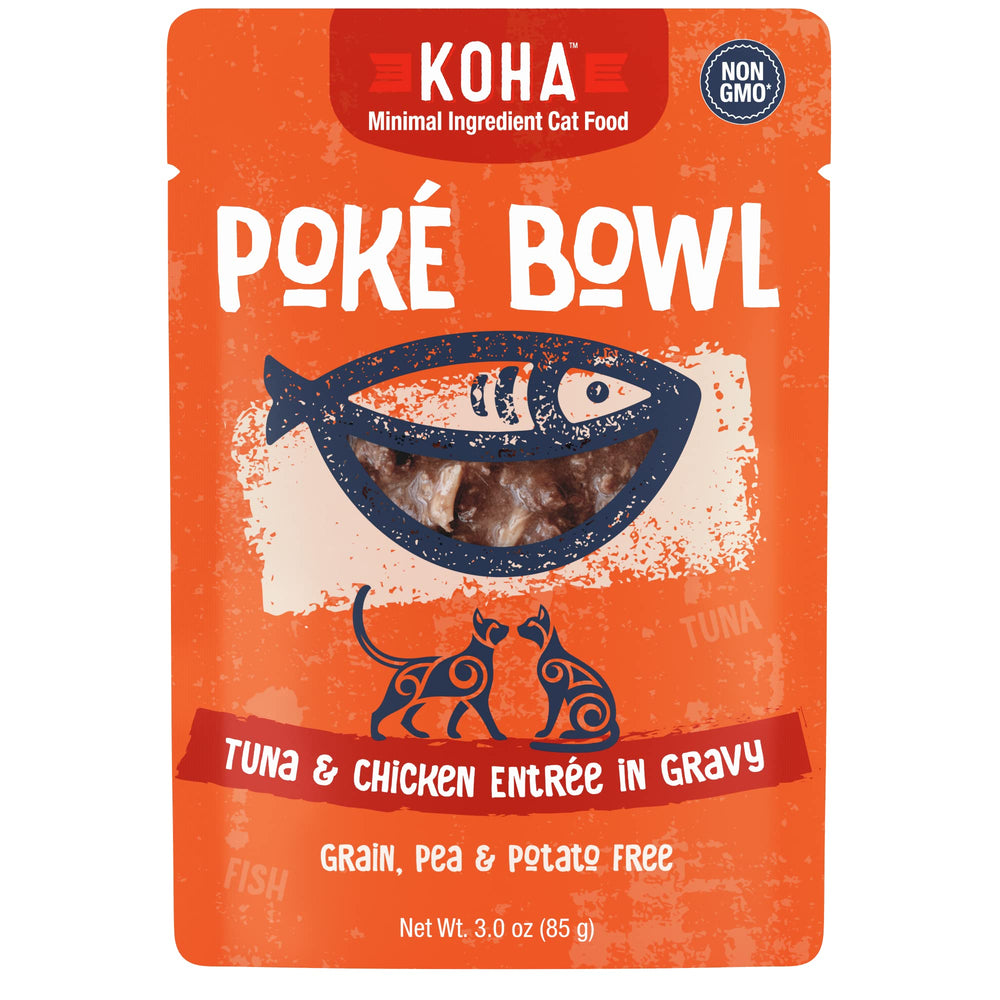 KOHA Poke9 Bowl tuna-chicken in gravy cat entree close-up showing juicy texture for hydration.
