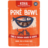 KOHA Poke9 Bowl tuna-chicken in gravy cat entree close-up showing juicy texture for hydration.
