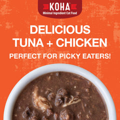 KOHA Poke9 Bowl tuna and chicken in gravy cat entree; non-GMO ingredients, BPA-free packaging.