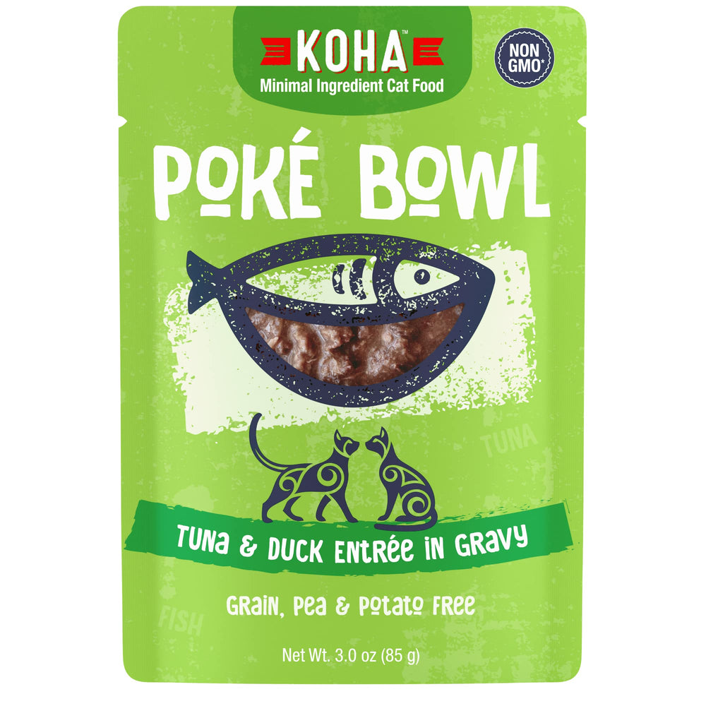 KOHA Poké Bowl Tuna and Duck Gravy pouch offers savory protein for a satisfying cat meal.