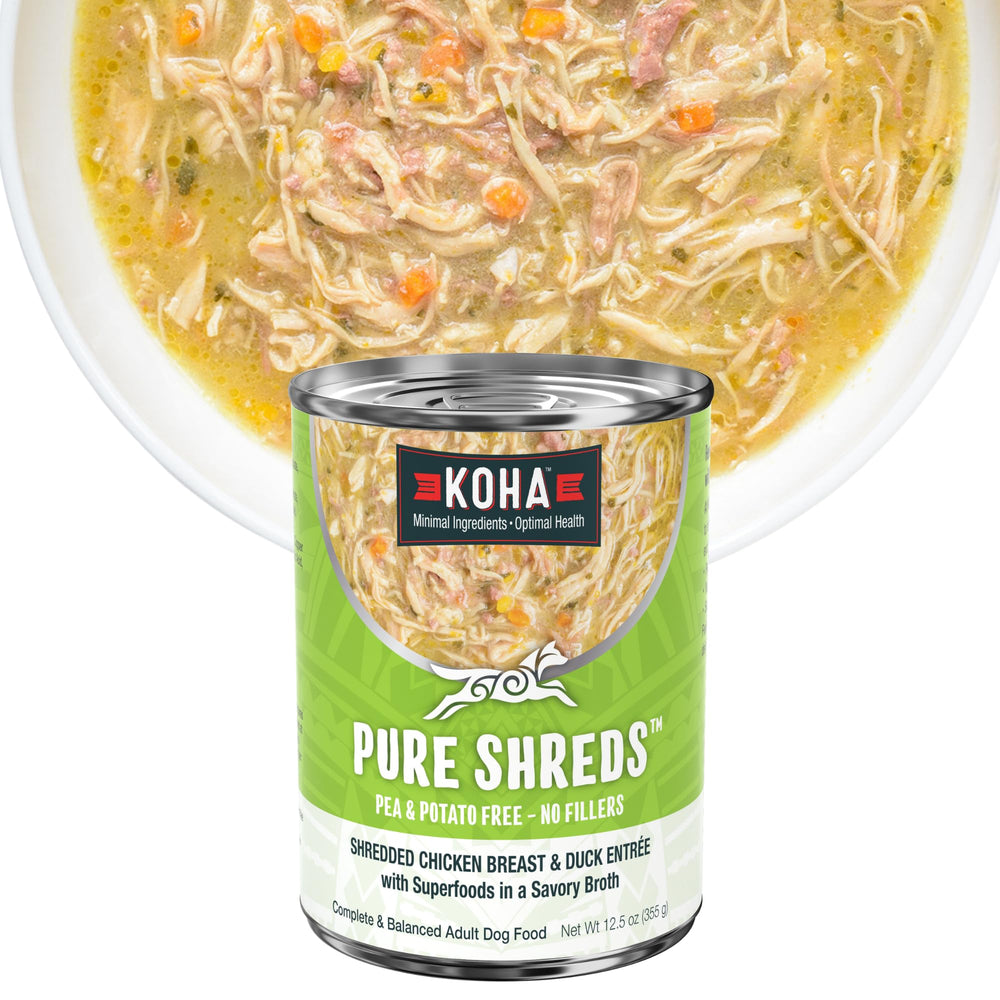 KOHA Pure Shreds broth pour showing appetizing texture for dogs