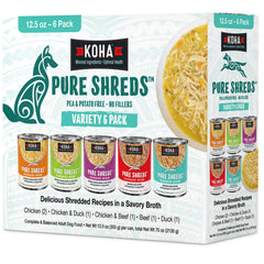 KOHA Pure Shreds variety pack cans show five flavors for happy, palatable meals.