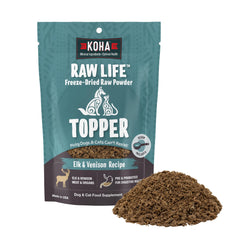 KOHA Raw Life Elk & Venison topper in bag boosts palatability and protein for pets.