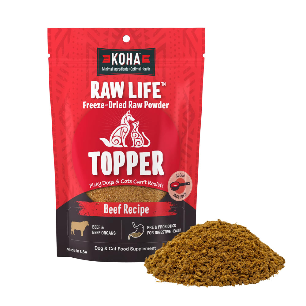KOHA Raw Life Beef Topper in a bowl entices picky dogs and cats.