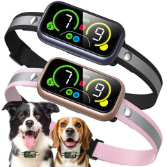 Kollgux Dog Bark Collar Pro front view with adjustable strap for dogs of all sizes, promotes calm training.