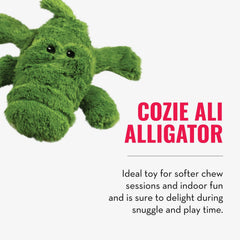 KONG Cozie Ali Alligator squeaker boosts interactive play indoors.