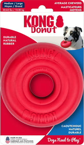 The KONG Donut dog toy features durable natural rubber for lasting chews.