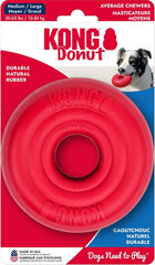 The KONG Donut dog toy features durable natural rubber for lasting chews.